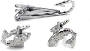 Fish Fisherman Fishing Hook Cufflinks & Tie Bar Clip Set  Stylish Gift for Fishing Enthusiasts, Mens Accessories for Formal or Casual Wear