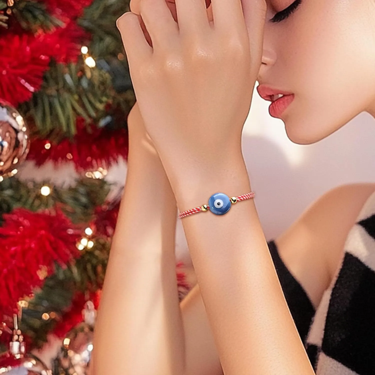 Flat Round Evil Eye Charm Bracelets for Women, Handmade Red String Protection Bracelet Gold Beads Adjustable Friendship Bracelet Holiday Jewelry Gifts.