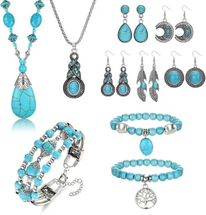 Florideco Bohemian Jewelry Set - Women's Western Turquoise Pendant Necklace, Layered Wrap Bangle, Vintage Turquoise Dangle Earrings - Boho Style