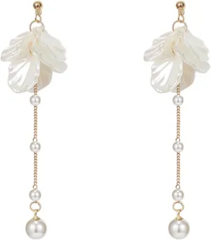 Flower Dangle Earrings for Women,Boho Cute Daisy Flower Stud Earrings Statement Long Fringe Pearl Pendant Floral Earrings Elegant Wedding Party Jewelry