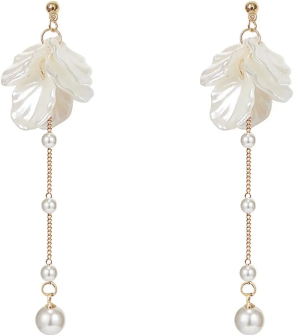 Flower Dangle Earrings for Women,Boho Cute Daisy Flower Stud Earrings Statement Long Fringe Pearl Pendant Floral Earrings Elegant Wedding Party Jewelry