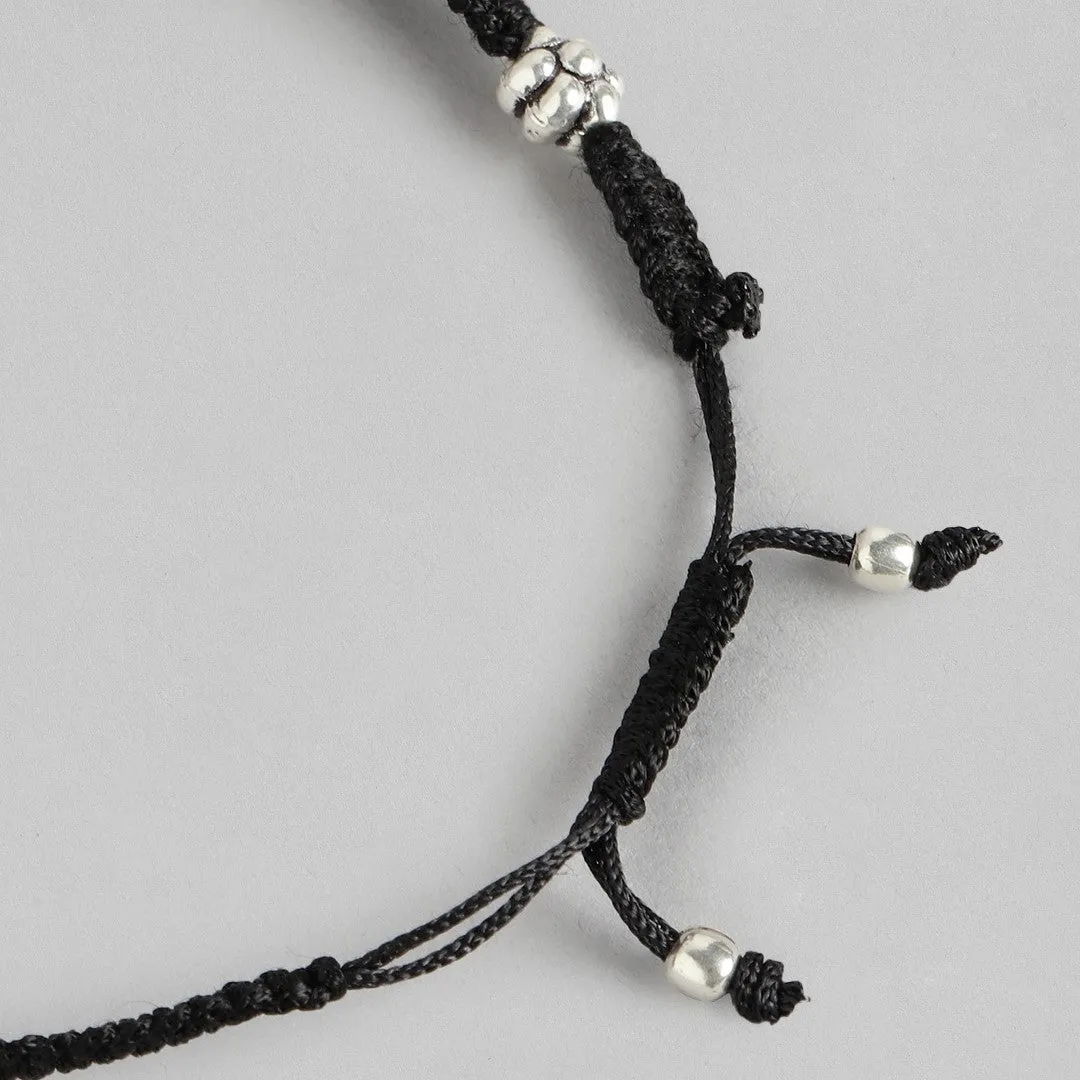 Flower Embedded Rhodium Plated 925 Sterling Silver Thread Anklet