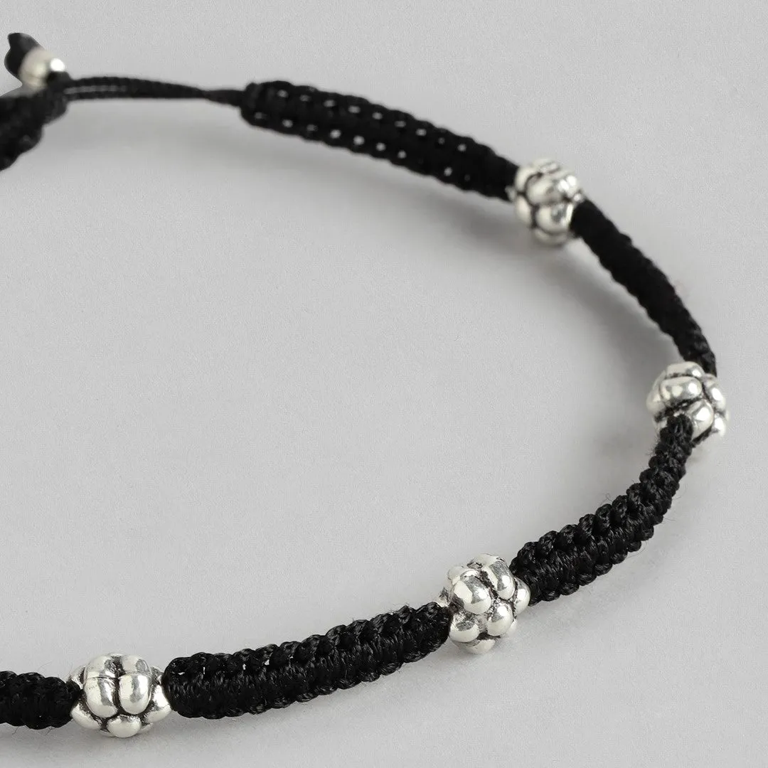 Flower Embedded Rhodium Plated 925 Sterling Silver Thread Anklet