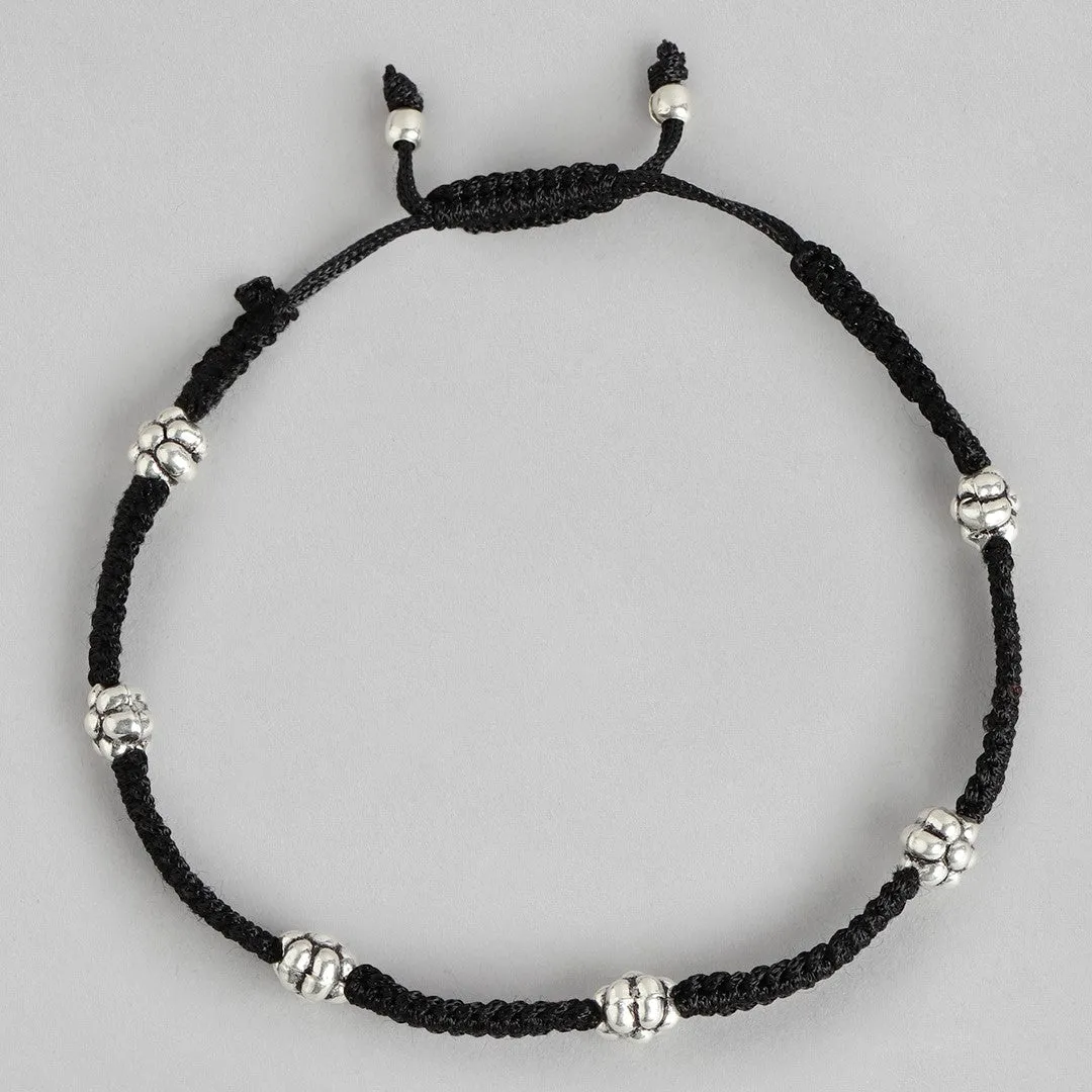 Flower Embedded Rhodium Plated 925 Sterling Silver Thread Anklet