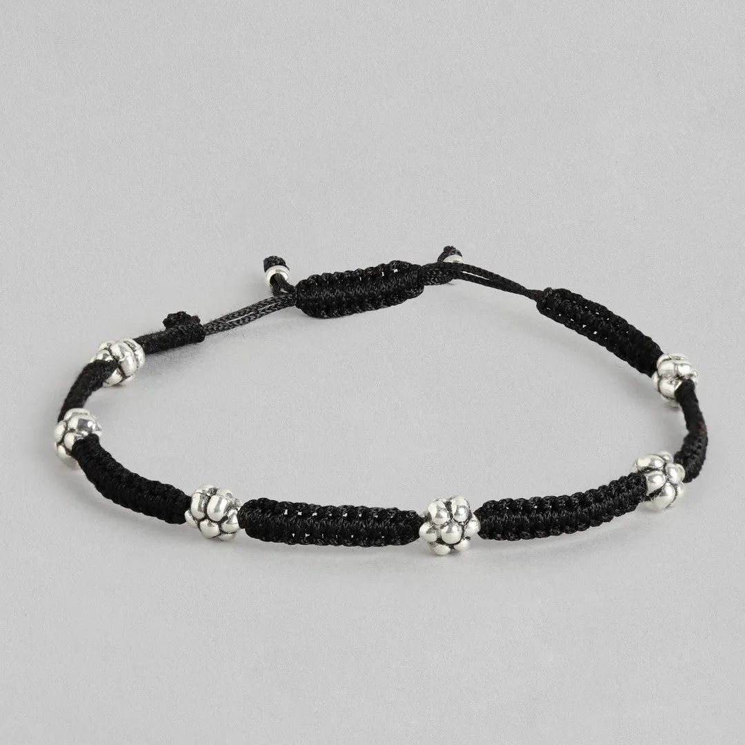 Flower Embedded Rhodium Plated 925 Sterling Silver Thread Anklet