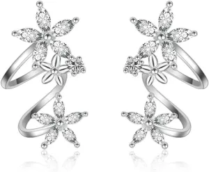 Flower Fairy Sterling Silver Plated CZ Ear Cuff Wrap Piercing Stud Earrings for Women Cartilage Fashion Crawler Climber Cubic Zirconia Clip on Hypoallergenic Elegant Gifts Bff Birthday Wedding