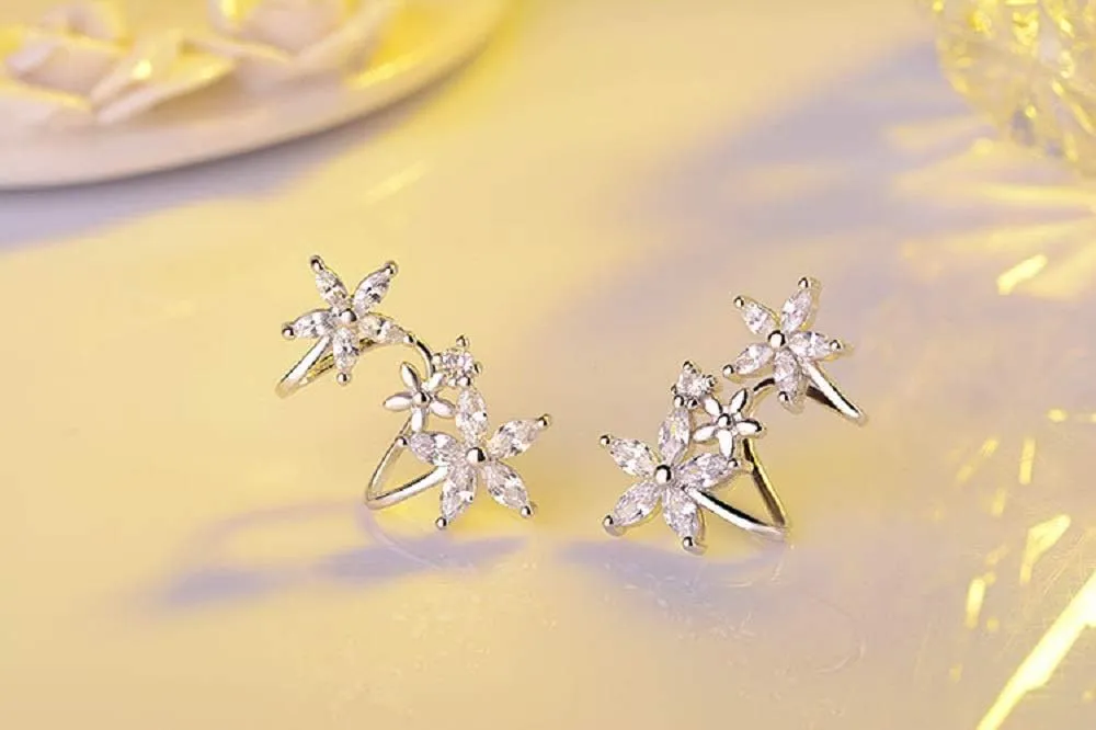 Flower Fairy Sterling Silver Plated CZ Ear Cuff Wrap Piercing Stud Earrings for Women Cartilage Fashion Crawler Climber Cubic Zirconia Clip on Hypoallergenic Elegant Gifts Bff Birthday Wedding
