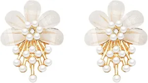 Flower Pearl Cluster Earrings for Women Elegant Cute Acrylic Daisy Rose Sunflower Petal Floral Small Simulated Pearl Lightweight Stud Earrings for Birthday Valentine Wedding Jewelry Gifts