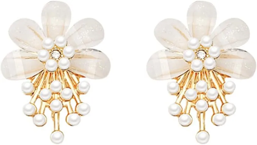 Flower Pearl Cluster Earrings for Women Elegant Cute Acrylic Daisy Rose Sunflower Petal Floral Small Simulated Pearl Lightweight Stud Earrings for Birthday Valentine Wedding Jewelry Gifts