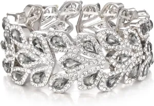 Flyonce Rhinestone Stretch Bracelet for Women, Sparkly Bridal Crystal Vintage Floral Leaf Adjustable Elastic Bracelets for Wedding Brides Bridesmaids