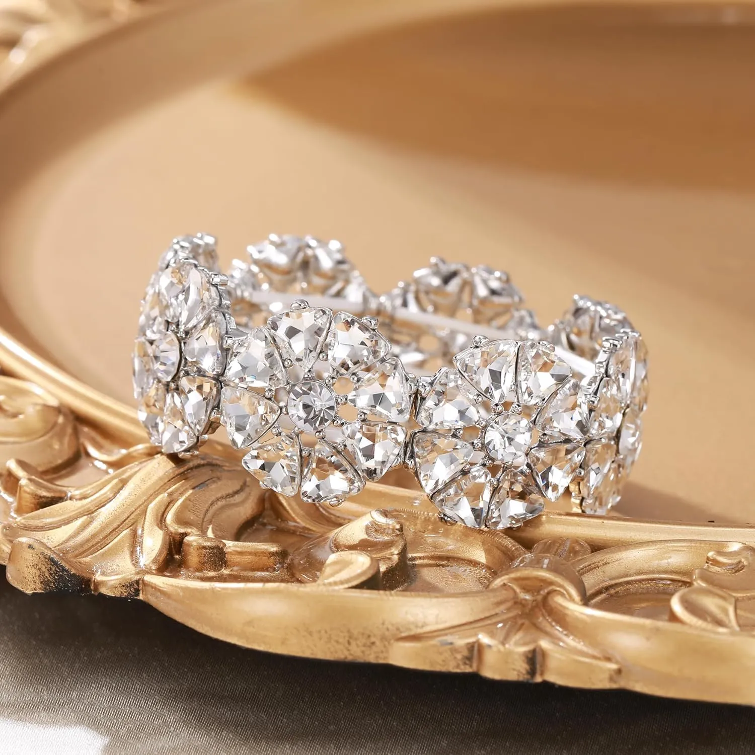 Flyonce Sparkly Rhinestone Stretch Bracelet Wedding Prom Crystal Flower Adjustable Elastic Bracelets for Brides Bridal