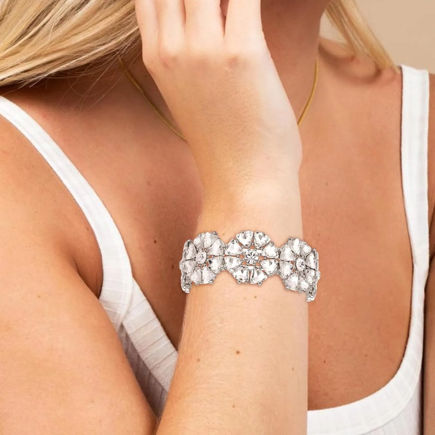 Flyonce Sparkly Rhinestone Stretch Bracelet Wedding Prom Crystal Flower Adjustable Elastic Bracelets for Brides Bridal