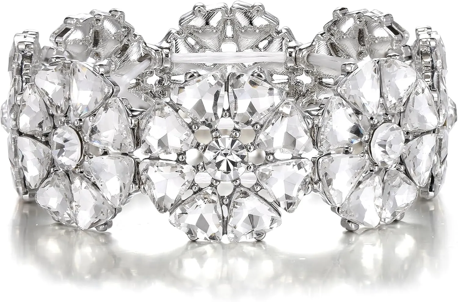 Flyonce Sparkly Rhinestone Stretch Bracelet Wedding Prom Crystal Flower Adjustable Elastic Bracelets for Brides Bridal