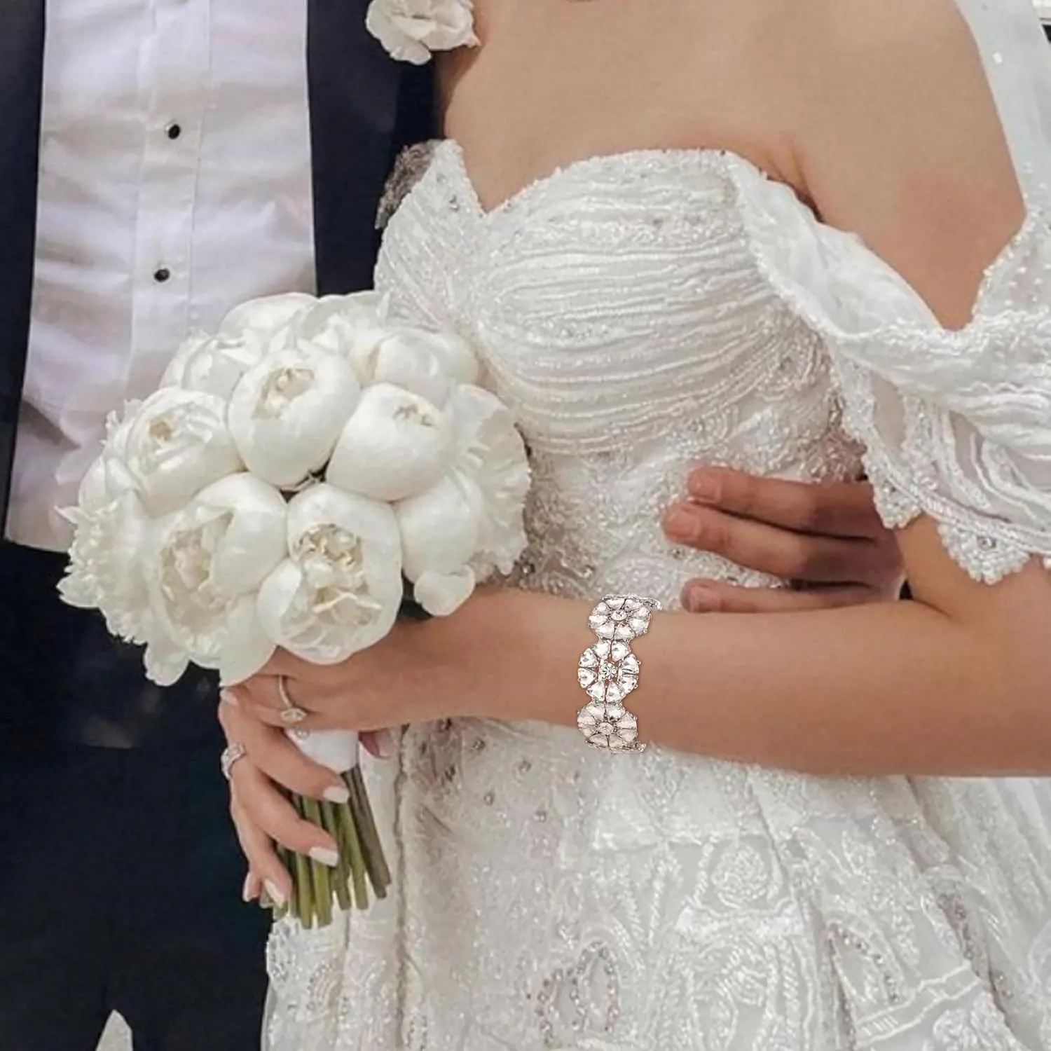 Flyonce Sparkly Rhinestone Stretch Bracelet Wedding Prom Crystal Flower Adjustable Elastic Bracelets for Brides Bridal