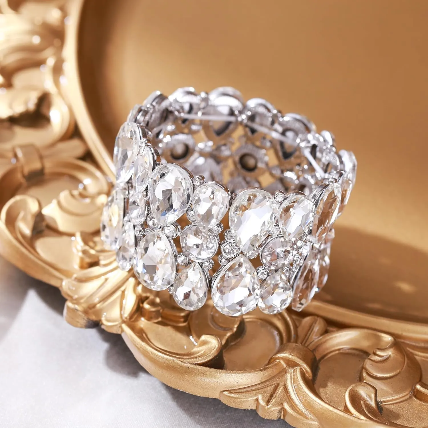 Flyonce Wedding Bracelet for Brides Bridal, Sparkly Rhinestone Crystal Teardrop Statement Stretch Bracelet Prom Party Bracelets for Women