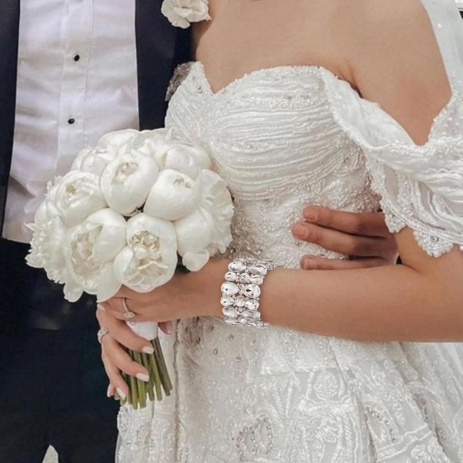 Flyonce Wedding Bracelet for Brides Bridal, Sparkly Rhinestone Crystal Teardrop Statement Stretch Bracelet Prom Party Bracelets for Women