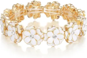 Flyonce Women's Flower Bracelet, Vintage Enamel Floral Flowers Elastic Stretch Bracelets Adjustable Flower Jewelry for Wedding Prom Party