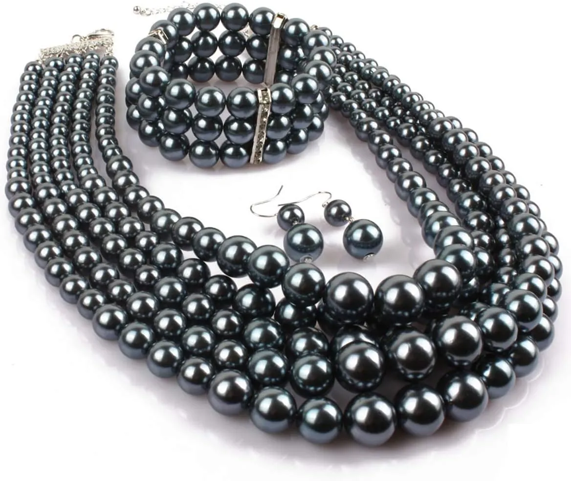 Fodattm Women Lady Multi Layer Imitation Pearl Strand Cluster with Necklace Bracelet and Earrings Set Elegant Costume Jewelry Sets