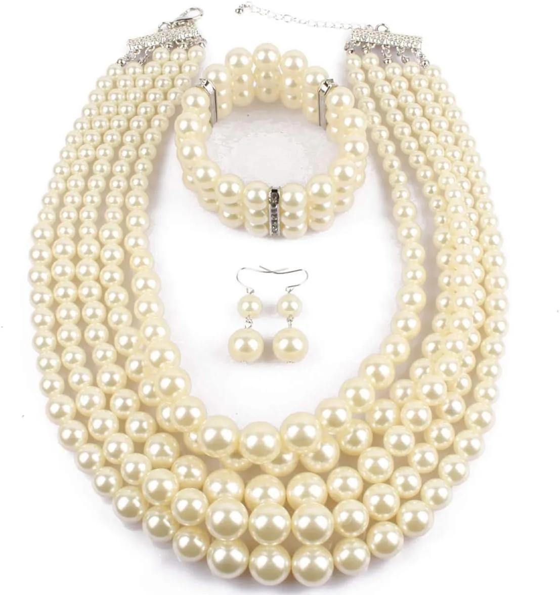 Fodattm Women Lady Multi Layer Imitation Pearl Strand Cluster with Necklace Bracelet and Earrings Set Elegant Costume Jewelry Sets