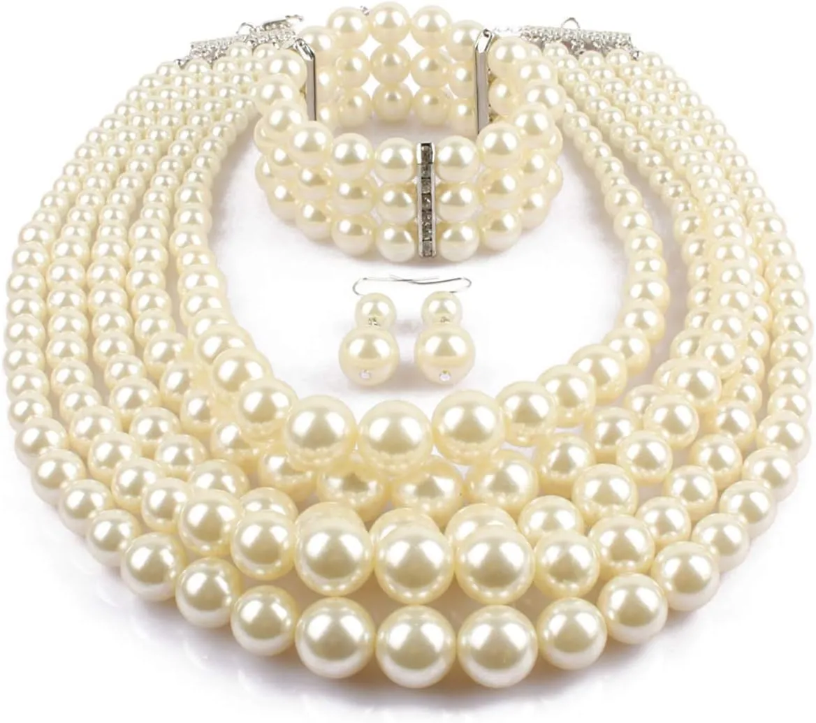 Fodattm Women Lady Multi Layer Imitation Pearl Strand Cluster with Necklace Bracelet and Earrings Set Elegant Costume Jewelry Sets