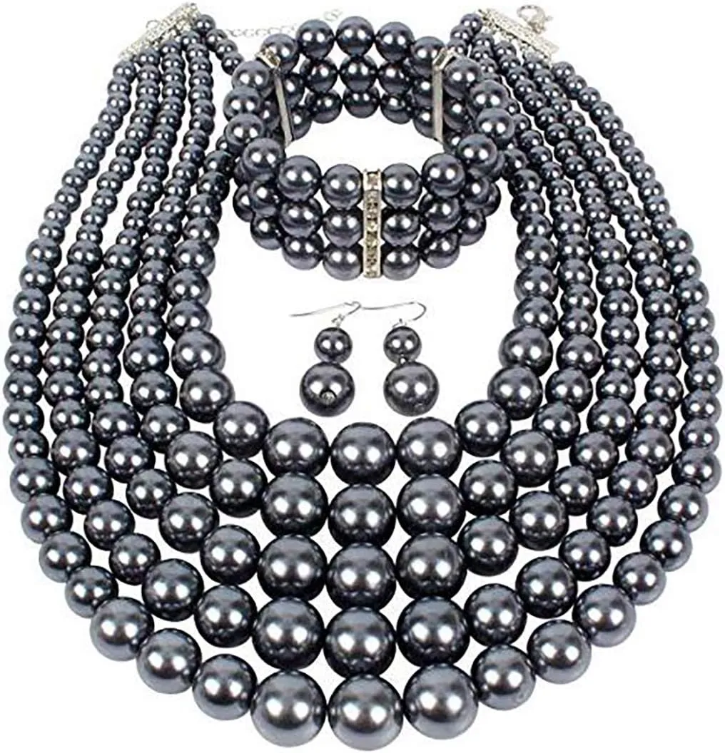 Fodattm Women Lady Multi Layer Imitation Pearl Strand Cluster with Necklace Bracelet and Earrings Set Elegant Costume Jewelry Sets