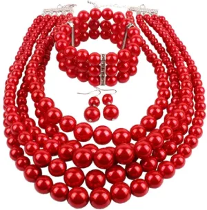 Fodattm Women Lady Multi Layer Imitation Pearl Strand Cluster with Necklace Bracelet and Earrings Set Elegant Costume Jewelry Sets