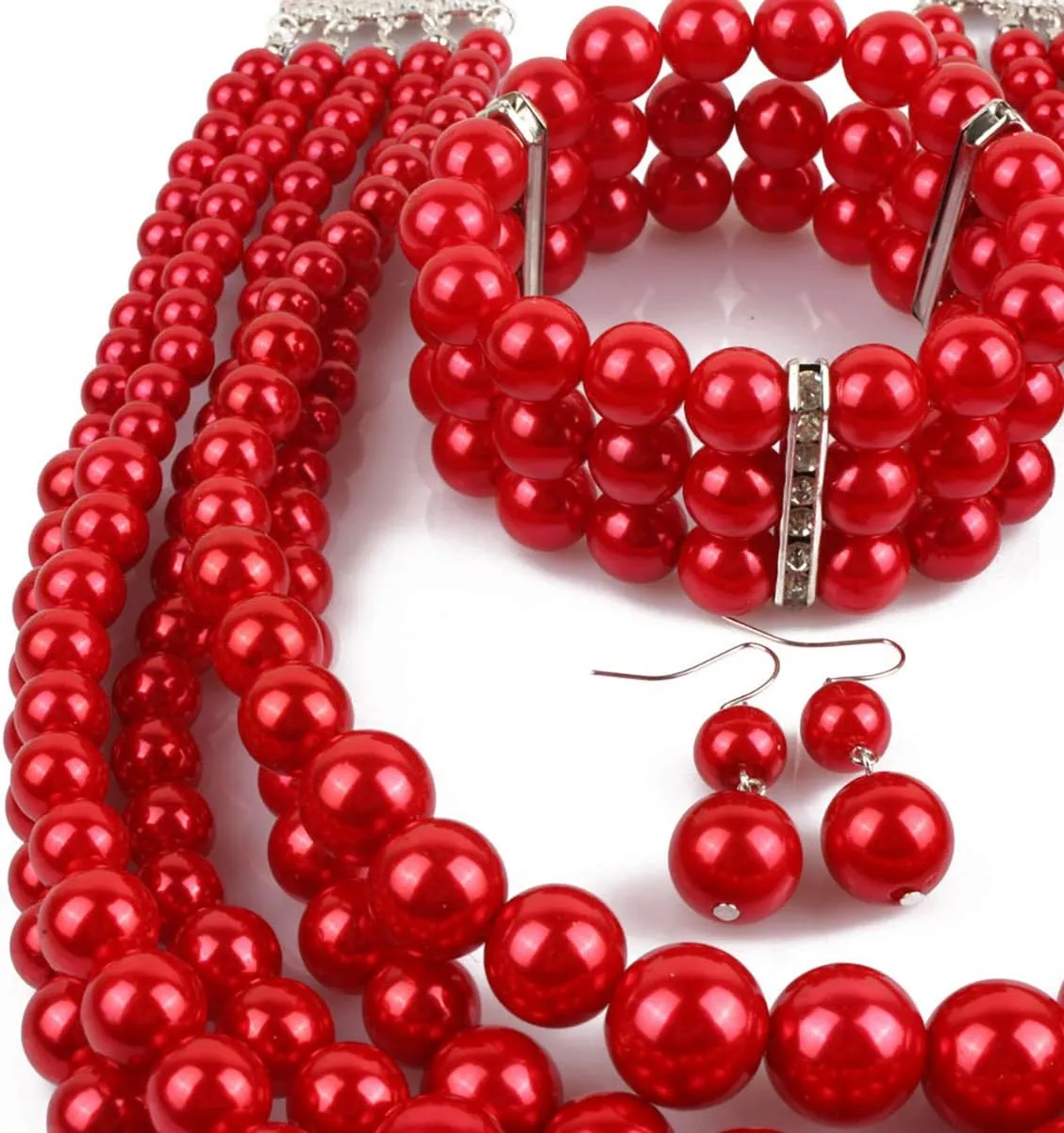 Fodattm Women Lady Multi Layer Imitation Pearl Strand Cluster with Necklace Bracelet and Earrings Set Elegant Costume Jewelry Sets