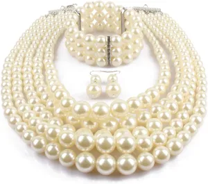 Fodattm Women Lady Multi Layer Imitation Pearl Strand Cluster with Necklace Bracelet and Earrings Set Elegant Costume Jewelry Sets