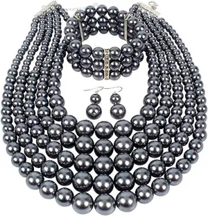 Fodattm Women Lady Multi Layer Imitation Pearl Strand Cluster with Necklace Bracelet and Earrings Set Elegant Costume Jewelry Sets