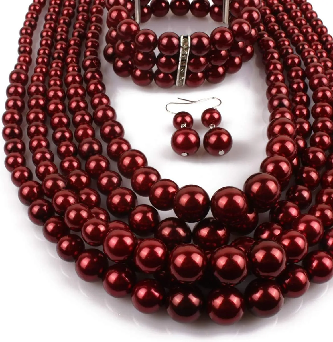 Fodattm Women Lady Multi Layer Imitation Pearl Strand Cluster with Necklace Bracelet and Earrings Set Elegant Costume Jewelry Sets