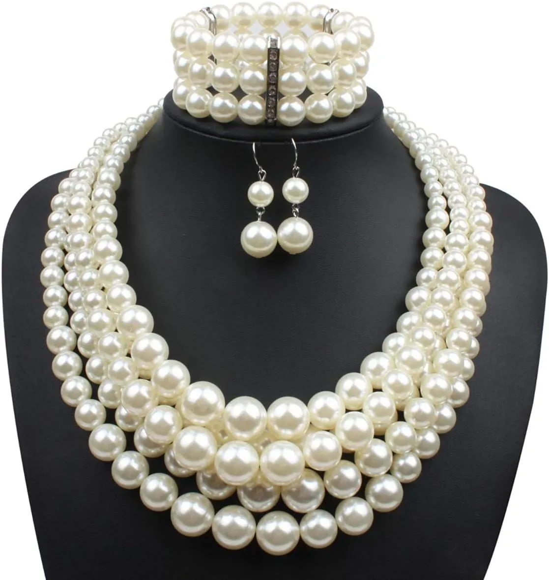 Fodattm Women Lady Multi Layer Imitation Pearl Strand Cluster with Necklace Bracelet and Earrings Set Elegant Costume Jewelry Sets