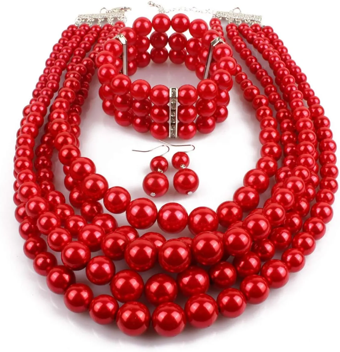 Fodattm Women Lady Multi Layer Imitation Pearl Strand Cluster with Necklace Bracelet and Earrings Set Elegant Costume Jewelry Sets