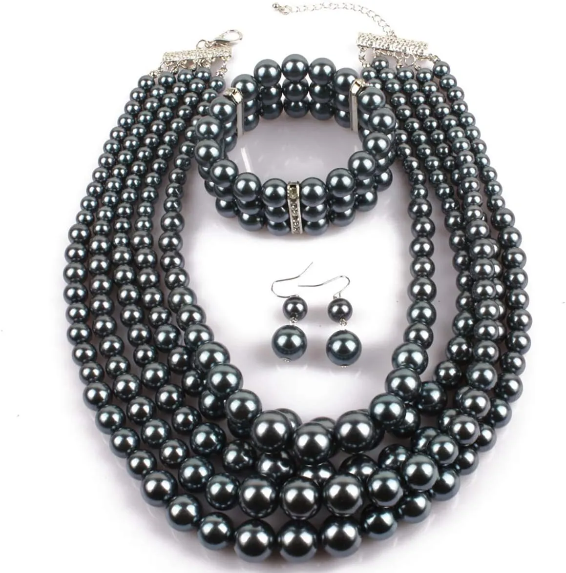 Fodattm Women Lady Multi Layer Imitation Pearl Strand Cluster with Necklace Bracelet and Earrings Set Elegant Costume Jewelry Sets