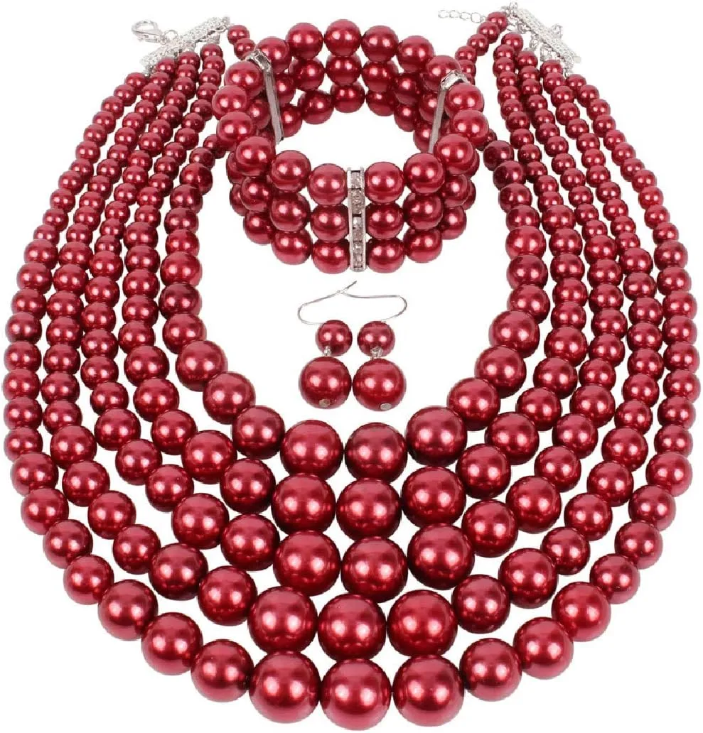 Fodattm Women Lady Multi Layer Imitation Pearl Strand Cluster with Necklace Bracelet and Earrings Set Elegant Costume Jewelry Sets