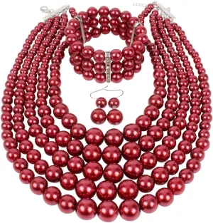 Fodattm Women Lady Multi Layer Imitation Pearl Strand Cluster with Necklace Bracelet and Earrings Set Elegant Costume Jewelry Sets