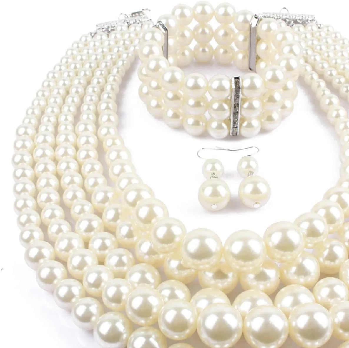 Fodattm Women Lady Multi Layer Imitation Pearl Strand Cluster with Necklace Bracelet and Earrings Set Elegant Costume Jewelry Sets