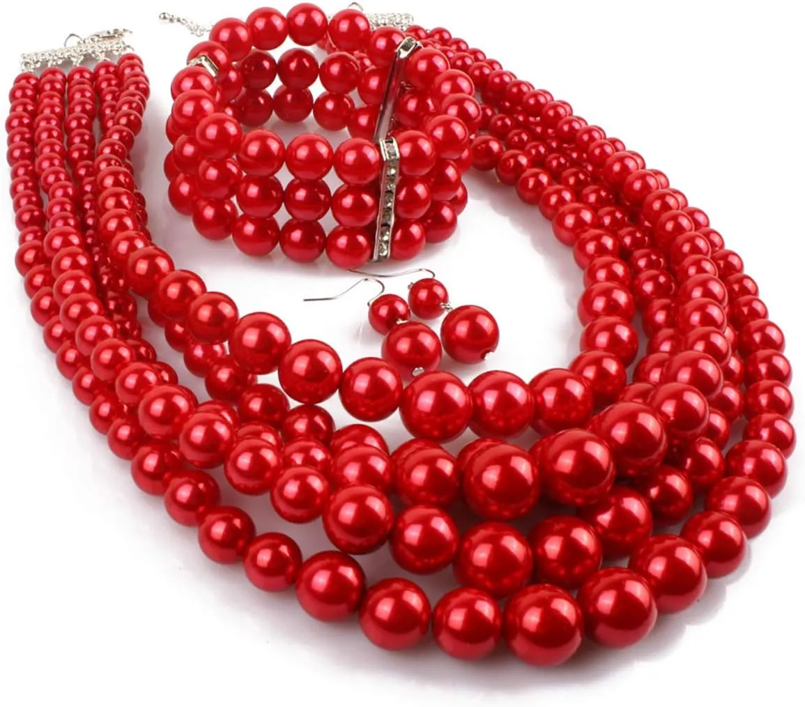 Fodattm Women Lady Multi Layer Imitation Pearl Strand Cluster with Necklace Bracelet and Earrings Set Elegant Costume Jewelry Sets