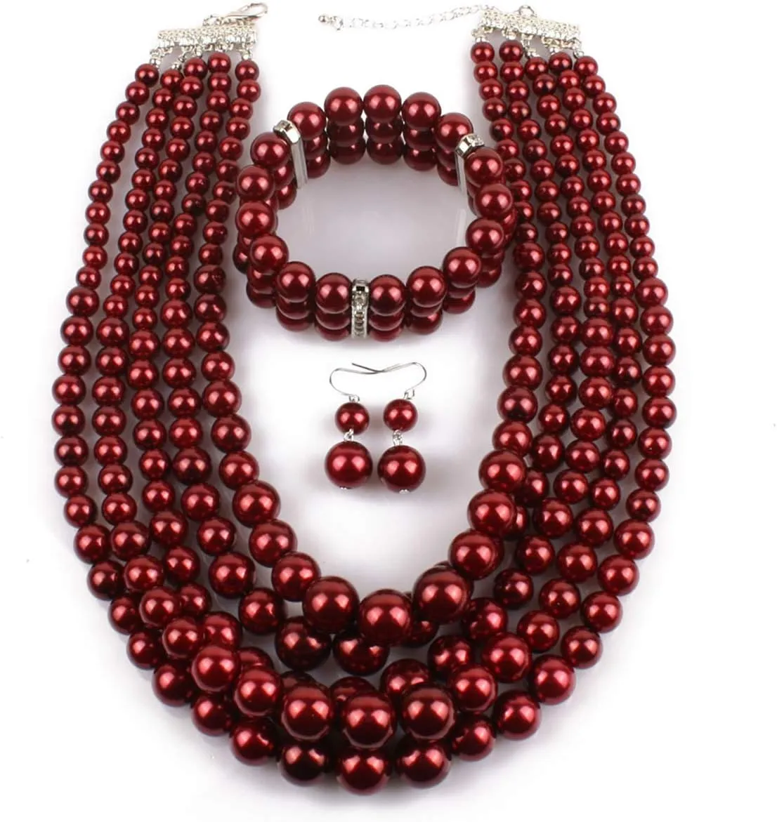 Fodattm Women Lady Multi Layer Imitation Pearl Strand Cluster with Necklace Bracelet and Earrings Set Elegant Costume Jewelry Sets