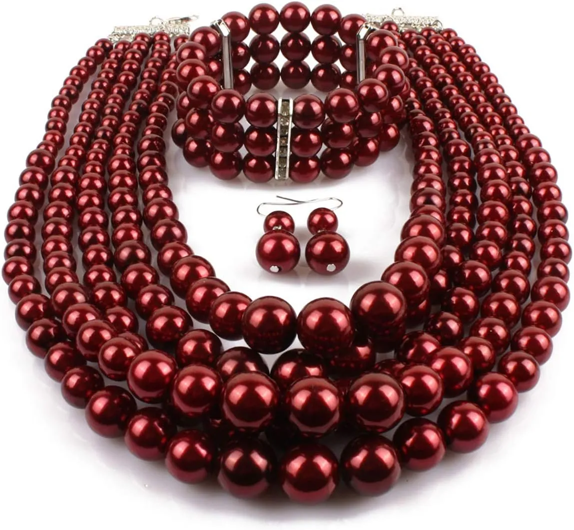 Fodattm Women Lady Multi Layer Imitation Pearl Strand Cluster with Necklace Bracelet and Earrings Set Elegant Costume Jewelry Sets