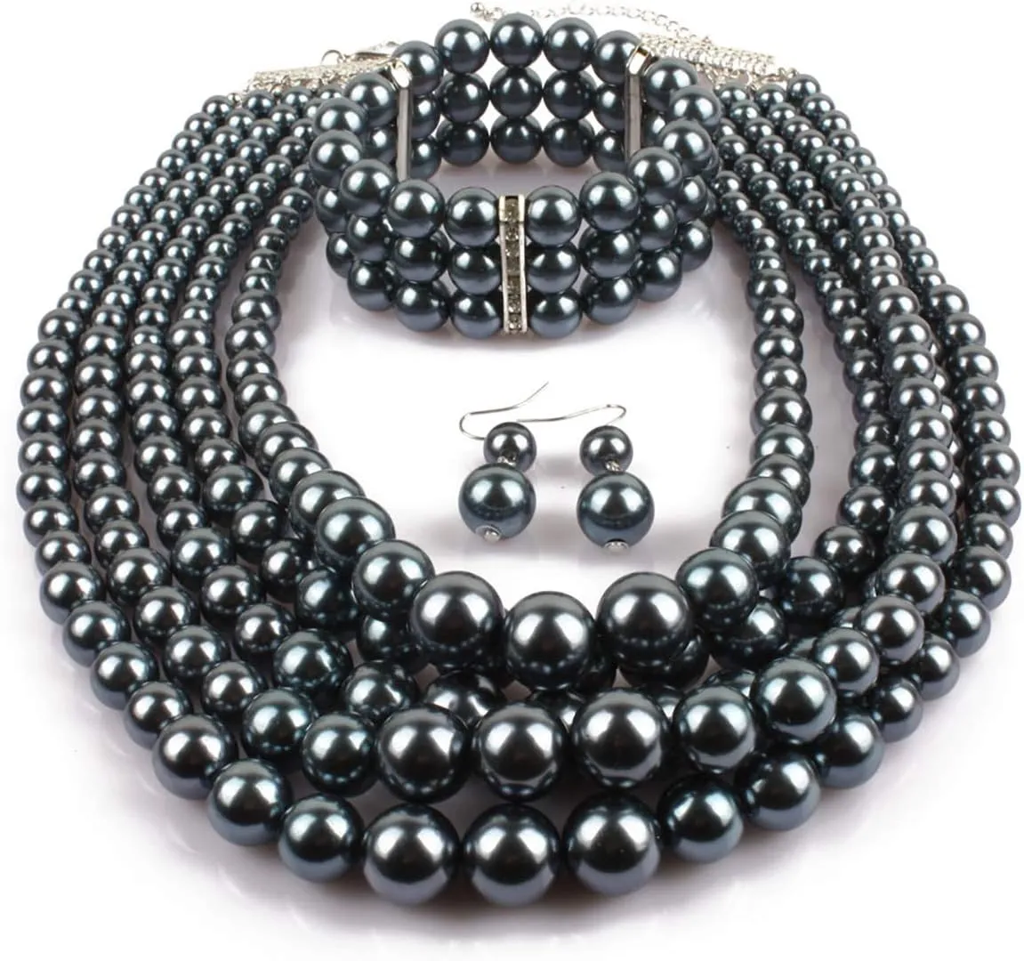 Fodattm Women Lady Multi Layer Imitation Pearl Strand Cluster with Necklace Bracelet and Earrings Set Elegant Costume Jewelry Sets
