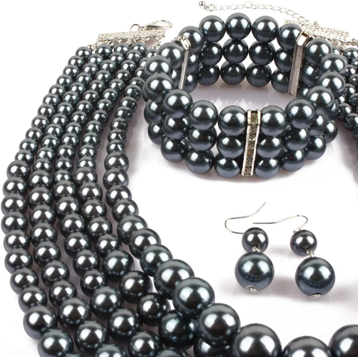 Fodattm Women Lady Multi Layer Imitation Pearl Strand Cluster with Necklace Bracelet and Earrings Set Elegant Costume Jewelry Sets