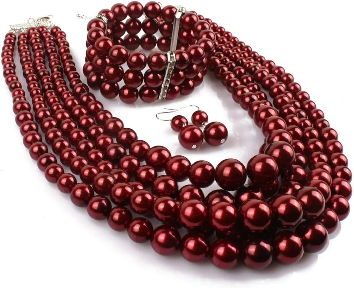 Fodattm Women Lady Multi Layer Imitation Pearl Strand Cluster with Necklace Bracelet and Earrings Set Elegant Costume Jewelry Sets