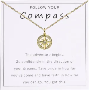Follow Your Compass Graduation Necklace College, High School Graduation Gift Back To School New Beginnings Gift For Daughter Granddaughter Niece Cubic Zirconia Pendant Necklace Jewelry For Woman