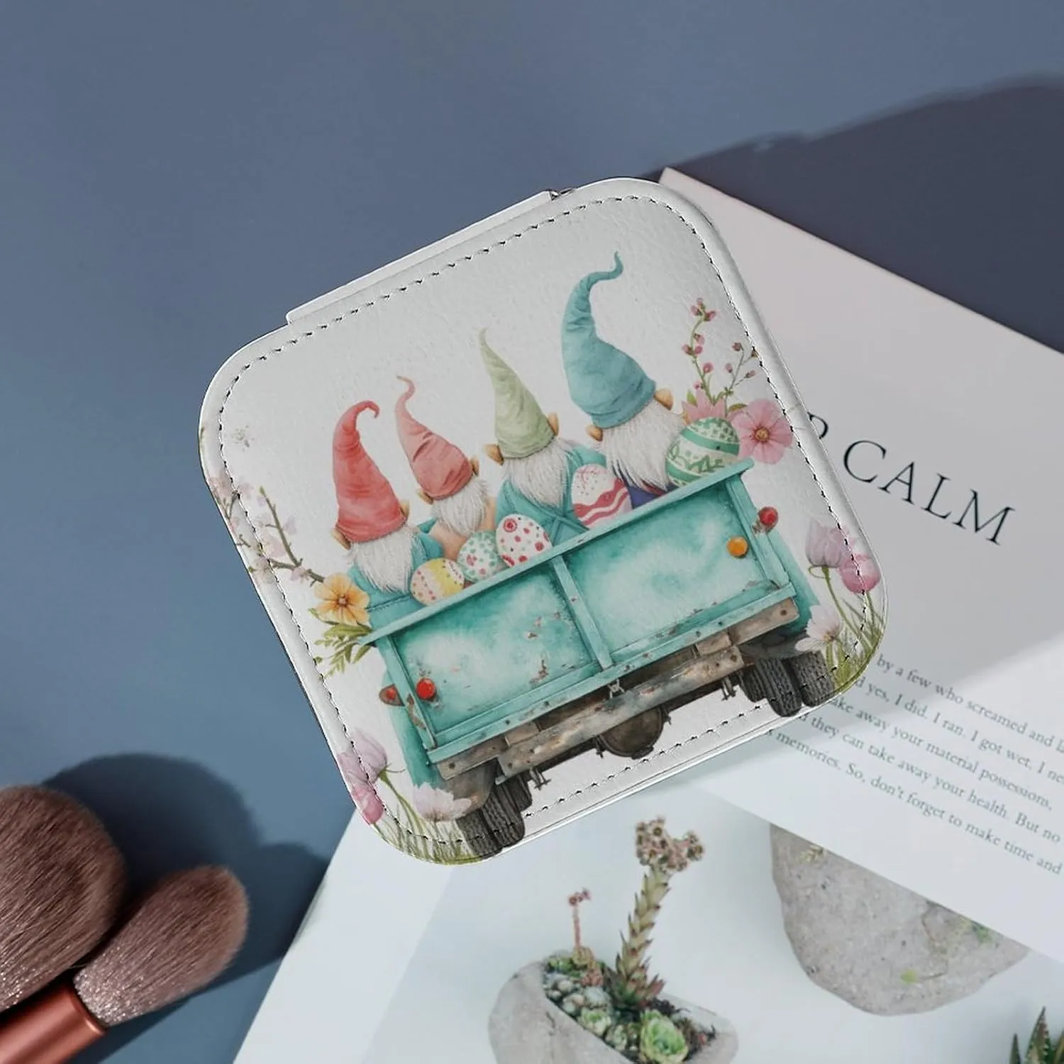 Four Cute Gnomes Travel Jewelry Case,easter Eggs And Flowers in Blue Truck Small Jewelry Box Jewelry Organizer Portable PU Leather Mini Jewelry Case for Girls Womens Earring Necklace Rings Bracelet