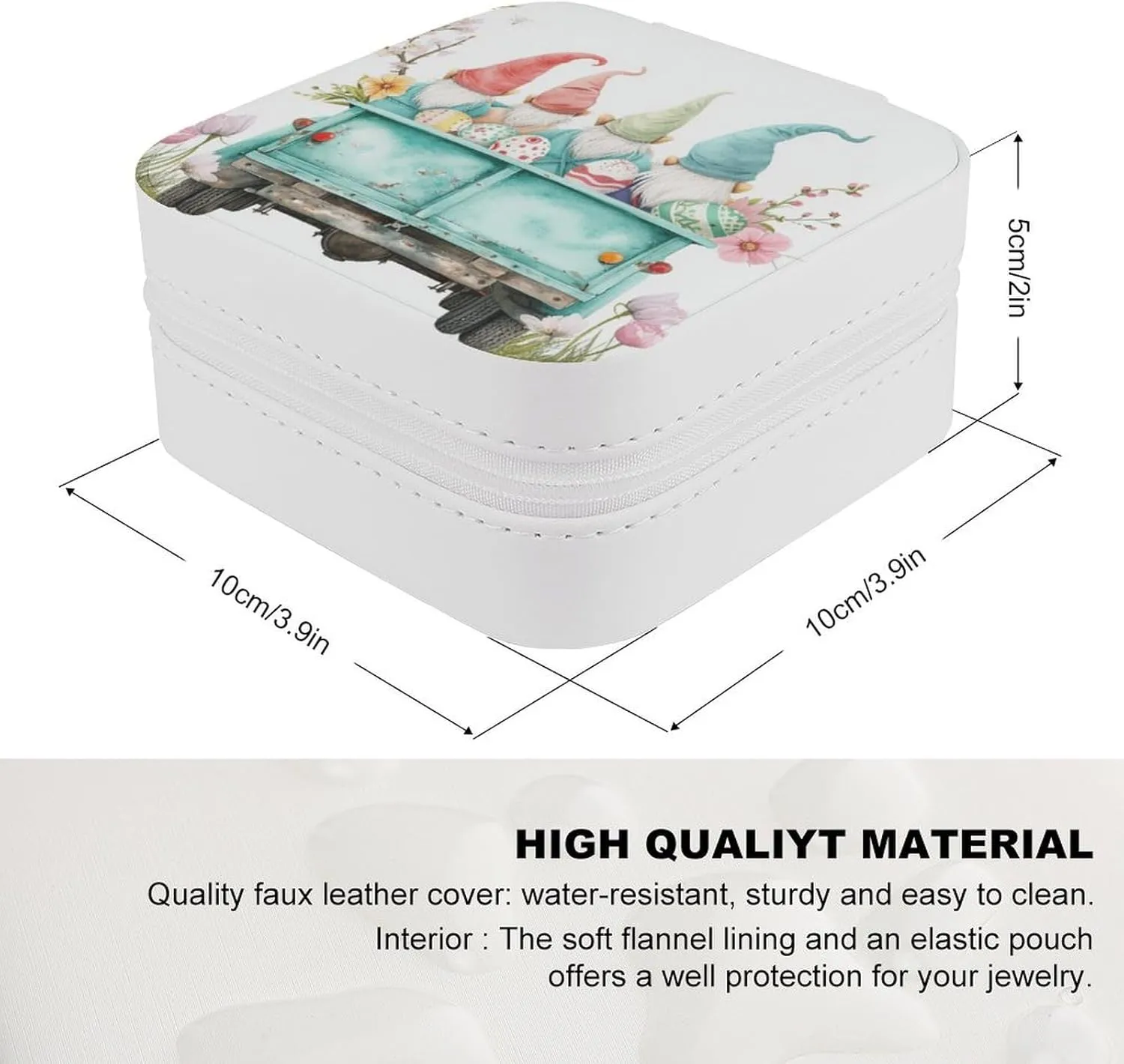 Four Cute Gnomes Travel Jewelry Case,easter Eggs And Flowers in Blue Truck Small Jewelry Box Jewelry Organizer Portable PU Leather Mini Jewelry Case for Girls Womens Earring Necklace Rings Bracelet