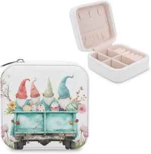 Four Cute Gnomes Travel Jewelry Case,easter Eggs And Flowers in Blue Truck Small Jewelry Box Jewelry Organizer Portable PU Leather Mini Jewelry Case for Girls Womens Earring Necklace Rings Bracelet