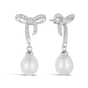Freshwater Pearl & Cubic Zirconia Bow Drop Earrings in Sterling Silver