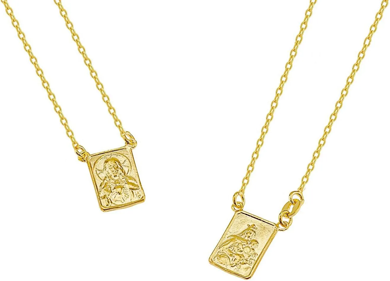 FRONAY 14k Gold Plated 925 Sterling Silver Double-Sided Scapular Necklace  Religious Escapulario Pendant Fine Jewelry, Made in Italy