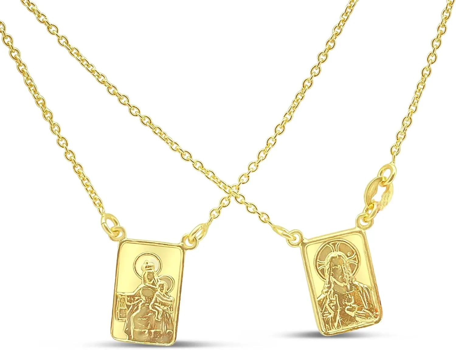 FRONAY 14k Gold Plated 925 Sterling Silver Double-Sided Scapular Necklace  Religious Escapulario Pendant Fine Jewelry, Made in Italy