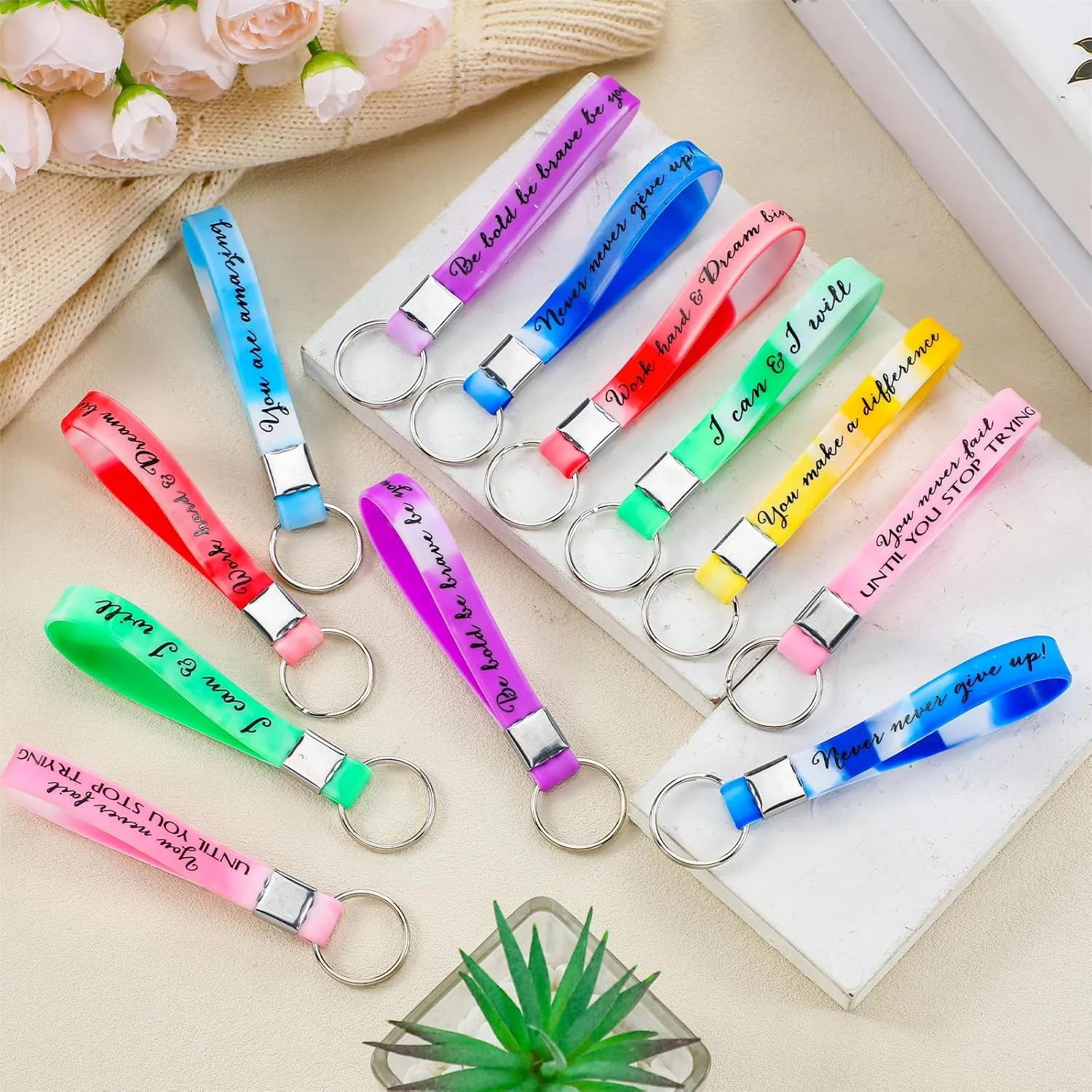 Fumete 24 Pcs Inspirational Keychain Gift Employee Appreciation Gift for Women Motivational Key Rings Thank You Keychain(Morandi Color)